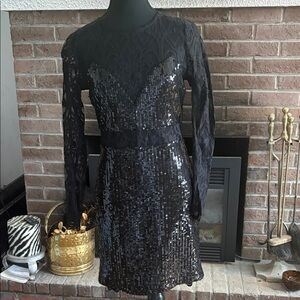 Marciano Black Sequin & Lace Long-Sleeve Cocktail Dress
